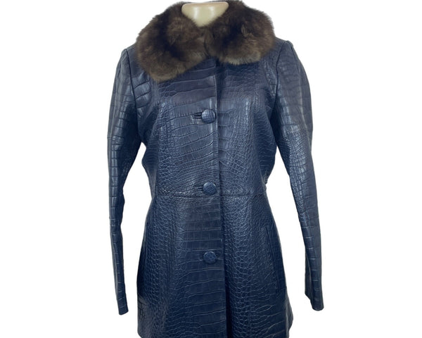Carmen Marc Valvo Couture Croc-Embossed Leather Coat W/Faux Fur Collar