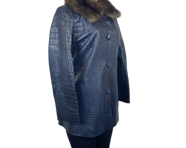 Carmen Marc Valvo Couture Croc-Embossed Leather Coat W/Faux Fur Collar