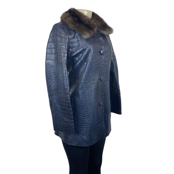 Carmen Marc Valvo Couture Croc-Embossed Leather Coat W/Faux Fur Collar
