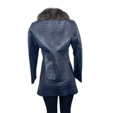 Carmen Marc Valvo Couture Croc-Embossed Leather Coat W/Faux Fur Collar