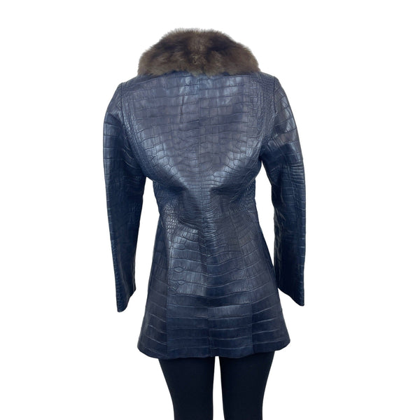 Carmen Marc Valvo Couture Croc-Embossed Leather Coat W/Faux Fur Collar