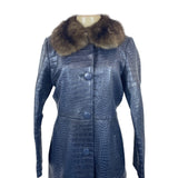 Carmen Marc Valvo Couture Croc-Embossed Leather Coat W/Faux Fur Collar