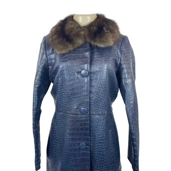 Carmen Marc Valvo Couture Croc-Embossed Leather Coat W/Faux Fur Collar