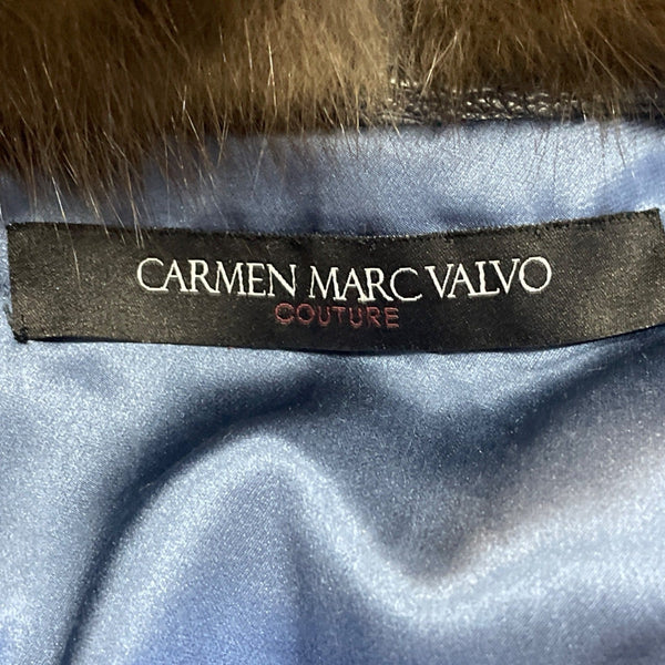 Carmen Marc Valvo Couture Croc-Embossed Leather Coat W/Faux Fur Collar