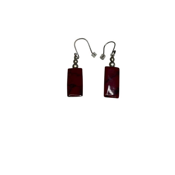 Red Rectangle Drop Earrings Women’s Silver-Tone Hooks Polished Finish Jewelry Handmade
