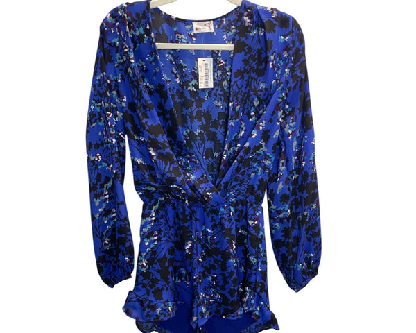 Sady & Lu Womens Blue Multi Floral Long Sleeve Romper With Deep V-Neck Size S
