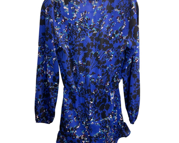 Sady & Lu Womens Blue Multi Floral Long Sleeve Romper With Deep V-Neck Size S