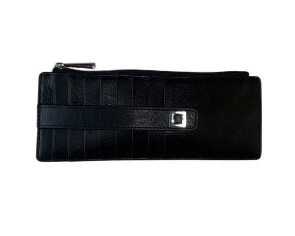 Lodis RFID-Blocking Black Leather Slim Wallet With Card Slots & Zip Closure Sz M