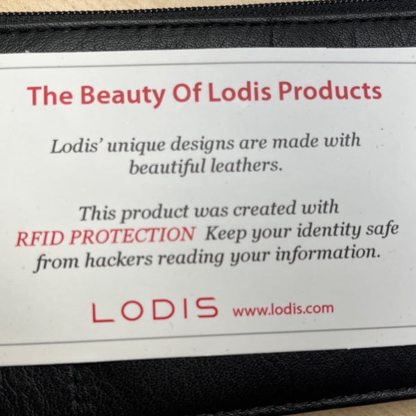 Lodis RFID-Blocking Black Leather Slim Wallet With Card Slots & Zip Closure Sz M