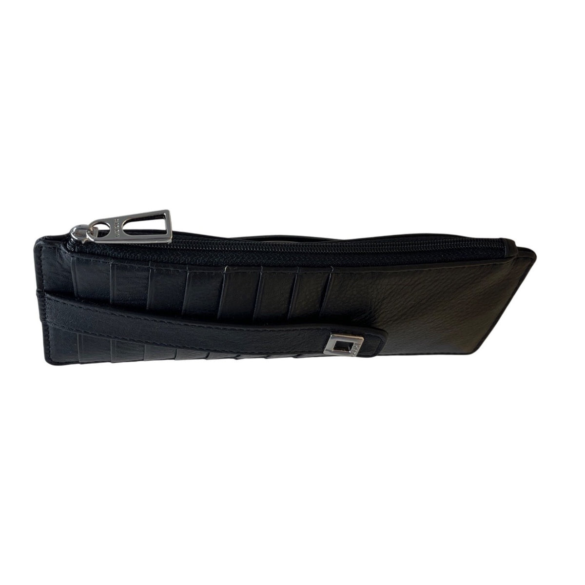 Lodis RFID-Blocking Black Leather Slim Wallet With Card Slots & Zip Closure Sz M