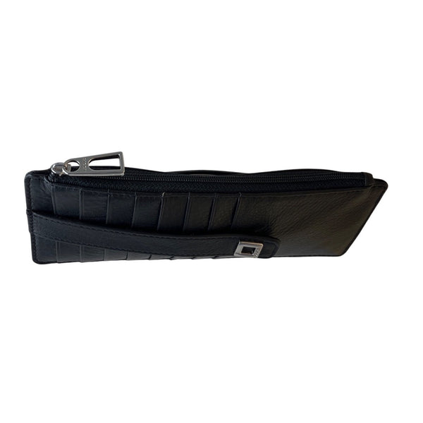 Lodis RFID-Blocking Black Leather Slim Wallet With Card Slots & Zip Closure Sz M