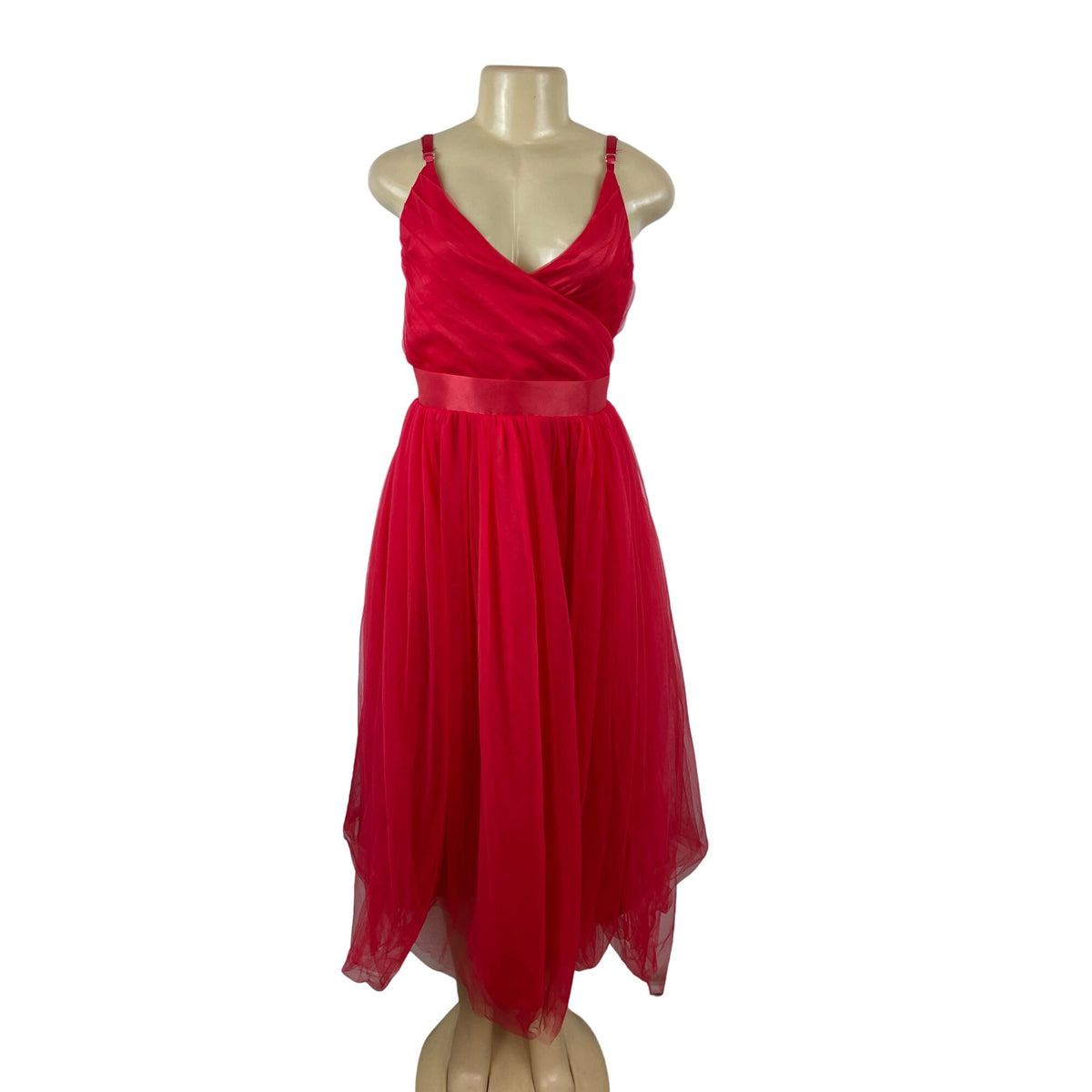 Red Sleeveless A-Line Midi Dress With V-Neck & Adjustable Straps Sz M/L