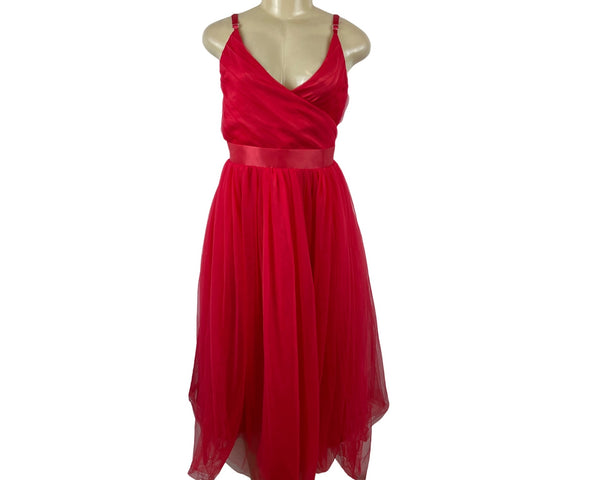 Red Sleeveless A-Line Midi Dress With V-Neck & Adjustable Straps Sz M/L