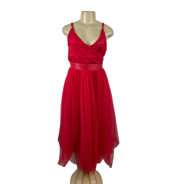 Red Sleeveless A-Line Midi Dress With V-Neck & Adjustable Straps Sz M/L