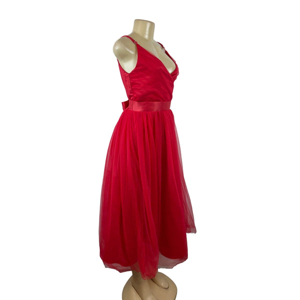 Red Sleeveless A-Line Midi Dress With V-Neck & Adjustable Straps Sz M/L