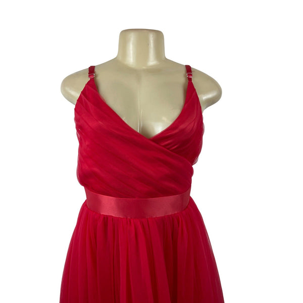 Red Sleeveless A-Line Midi Dress With V-Neck & Adjustable Straps Sz M/L
