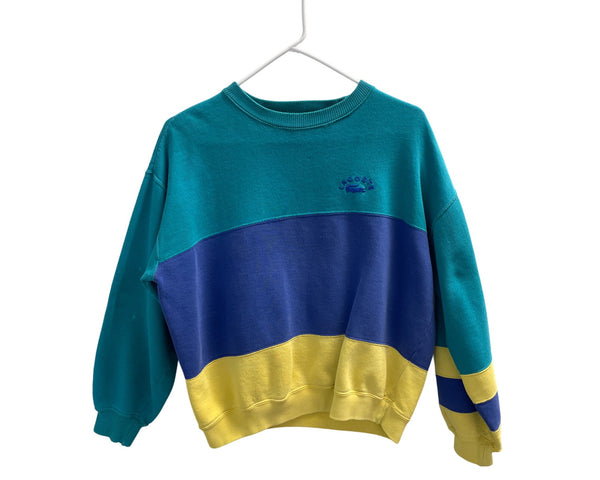 80s Lacoste Coqui Crewneck Colorblock Sweatshirt Blue Yellow Teal 80% Cotton Size M