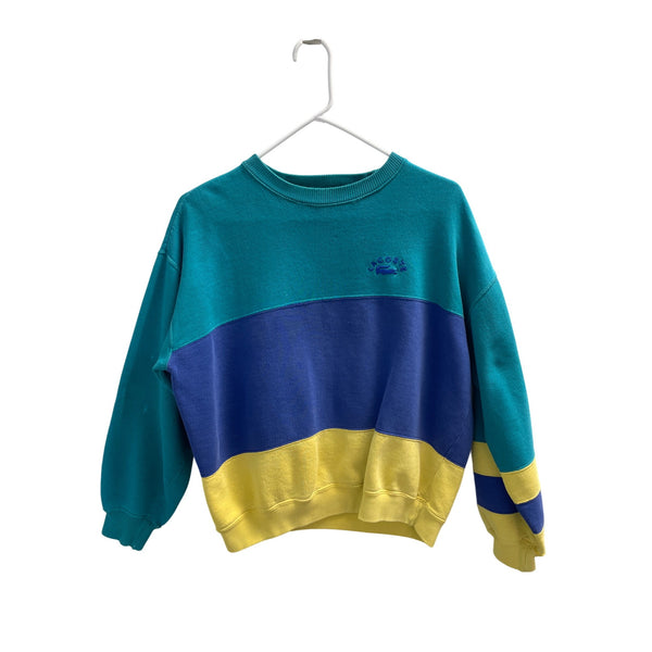 80s Lacoste Coqui Crewneck Colorblock Sweatshirt Blue Yellow Teal 80% Cotton Size M