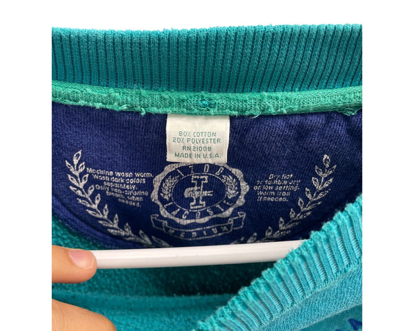 80s Lacoste Coqui Crewneck Colorblock Sweatshirt Blue Yellow Teal 80% Cotton Size M