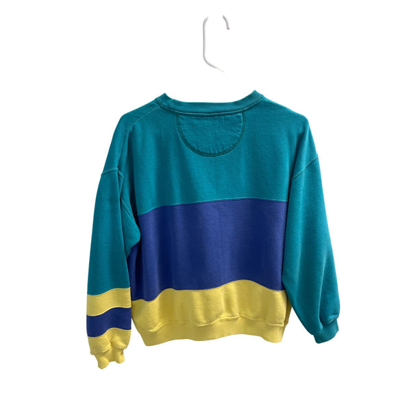 80s Lacoste Coqui Crewneck Colorblock Sweatshirt Blue Yellow Teal 80% Cotton Size M