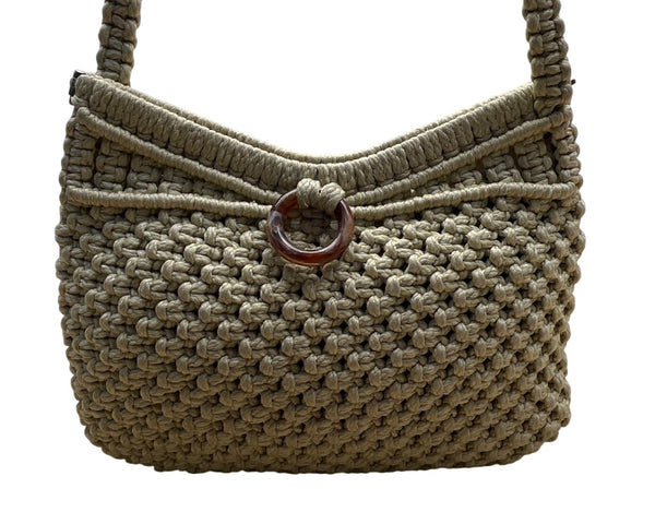 Marbella Women’s Beige Handmade Crochet Ring Detail Shoulder Bag Sz M