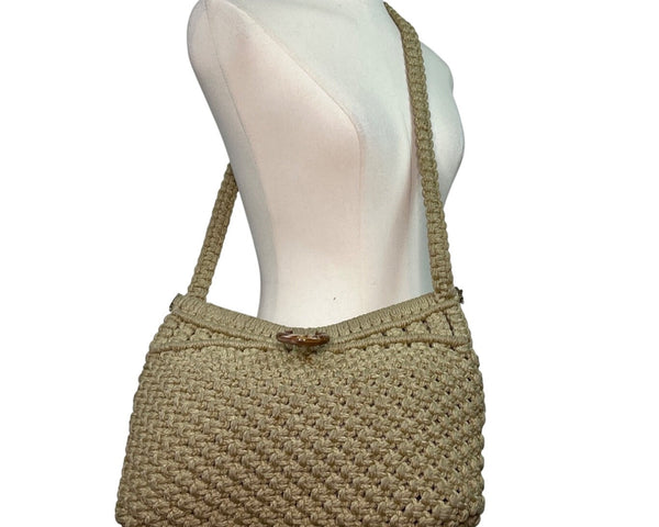 Marbella Women’s Beige Handmade Crochet Ring Detail Shoulder Bag Sz M