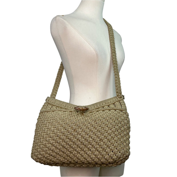Marbella Women’s Beige Handmade Crochet Ring Detail Shoulder Bag Sz M