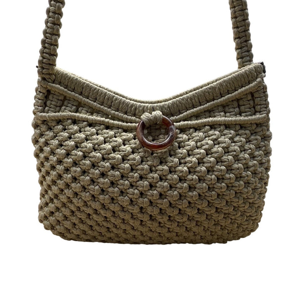 Marbella Women’s Beige Handmade Crochet Ring Detail Shoulder Bag Sz M