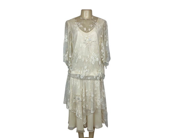 Riña di’ Montella Vintage Ivory Lace Overlay Dress With Floral Embroidery Sz 12