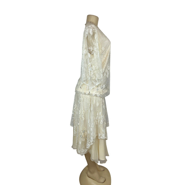 Riña di’ Montella Vintage Ivory Lace Overlay Dress With Floral Embroidery Sz 12