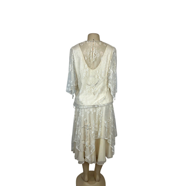 Riña di’ Montella Vintage Ivory Lace Overlay Dress With Floral Embroidery Sz 12
