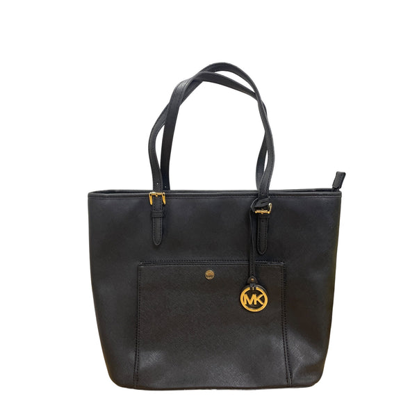 Michael Kors Black Leather Tote Bag With Gold Logo Charm & Dual Straps Medium