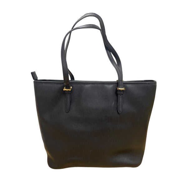 Michael Kors Black Leather Tote Bag With Gold Logo Charm & Dual Straps Medium