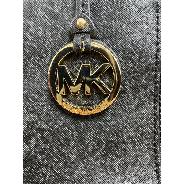 Michael Kors Black Leather Tote Bag With Gold Logo Charm & Dual Straps Medium