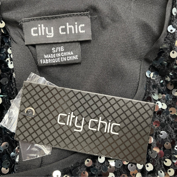 City Chic Women’s Black Sequin Sleeveless Mini Dress Sz S/16 - New