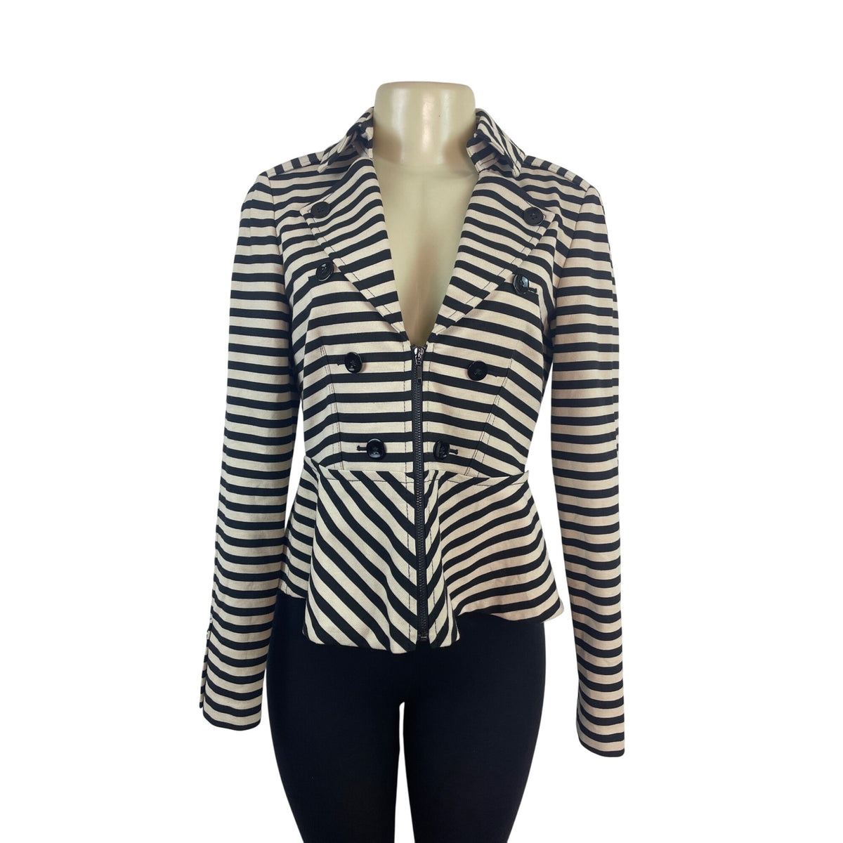 White House Black Market Women's Black & White Striped Peplum Jacket Sz 6