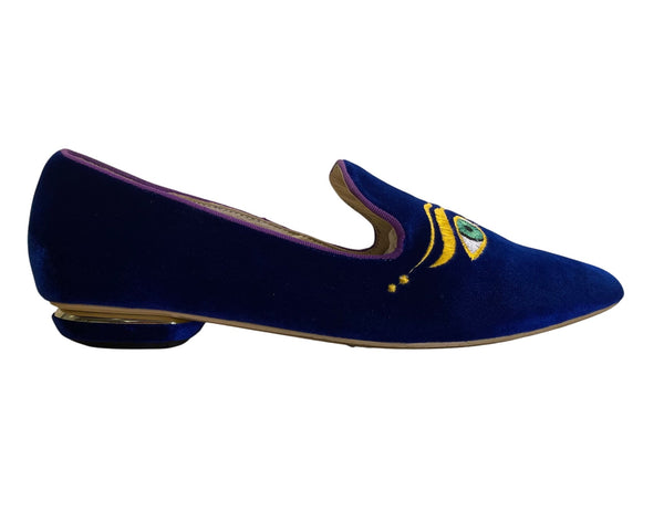 Nicholas Kirkwood Deep Blue Velvet with Purple Trim The Iris Loafers Sz US6.5