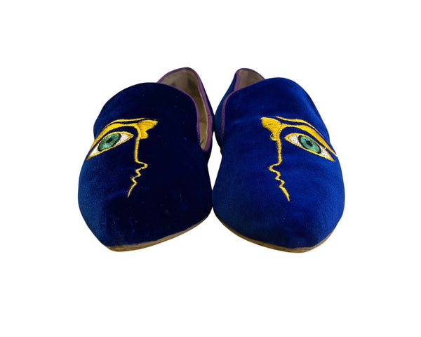 Nicholas Kirkwood Deep Blue Velvet with Purple Trim The Iris Loafers Sz US6.5