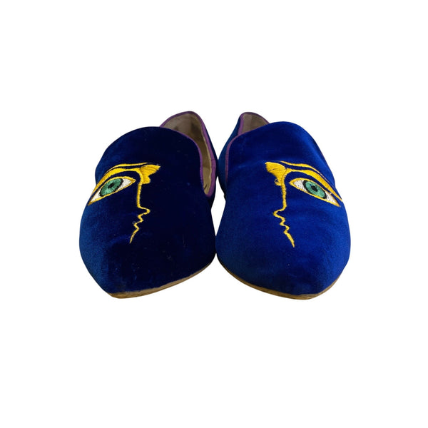 Nicholas Kirkwood Deep Blue Velvet with Purple Trim The Iris Loafers Sz US6.5