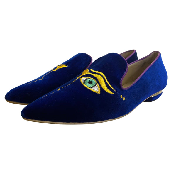Nicholas Kirkwood Deep Blue Velvet with Purple Trim The Iris Loafers Sz US6.5