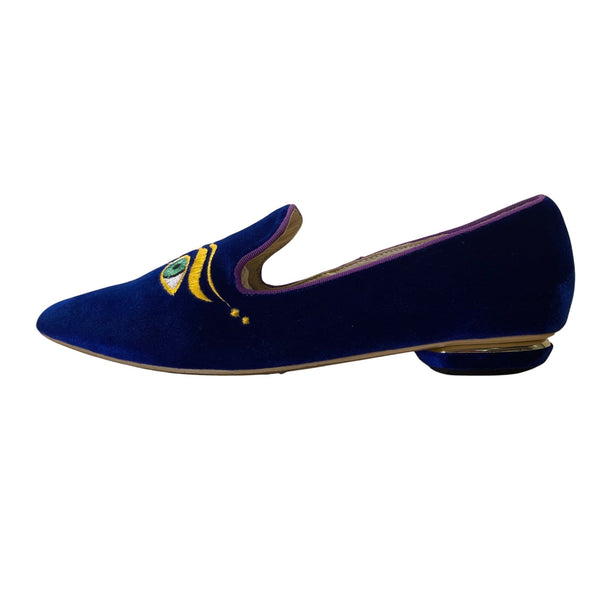 Nicholas Kirkwood Deep Blue Velvet with Purple Trim The Iris Loafers Sz US6.5