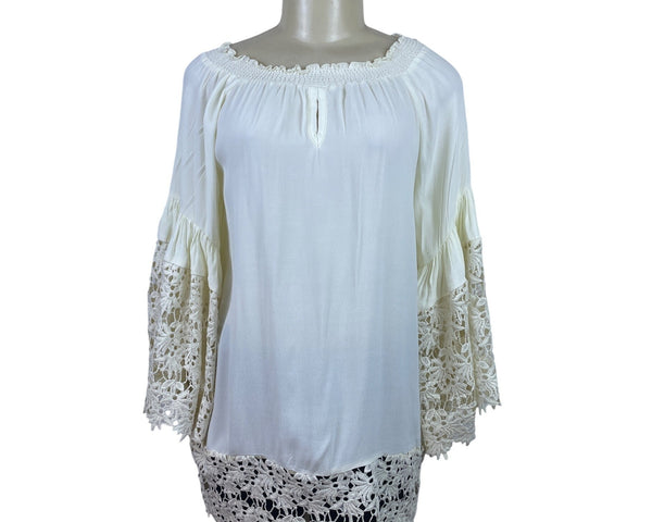 Colleen Lopez Women's Ivory Rayon Tunic Crochet Bell Sleeve Boho Style Size M
