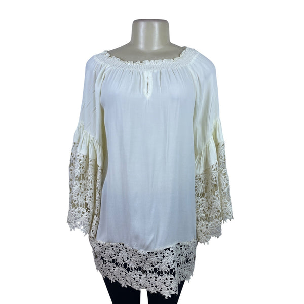 Colleen Lopez Women's Ivory Rayon Tunic Crochet Bell Sleeve Boho Style Sz M