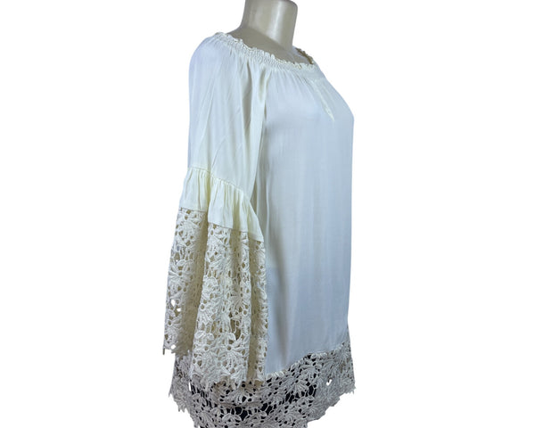 Colleen Lopez Women's Ivory Rayon Tunic Crochet Bell Sleeve Boho Style Size M