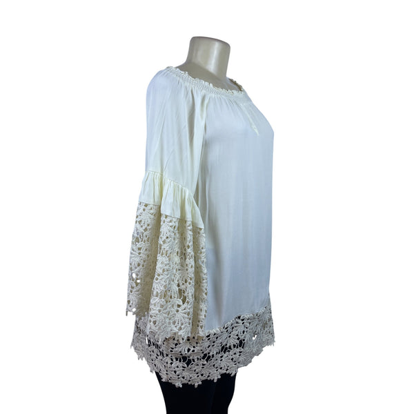 Colleen Lopez Women's Ivory Rayon Tunic Crochet Bell Sleeve Boho Style Sz M