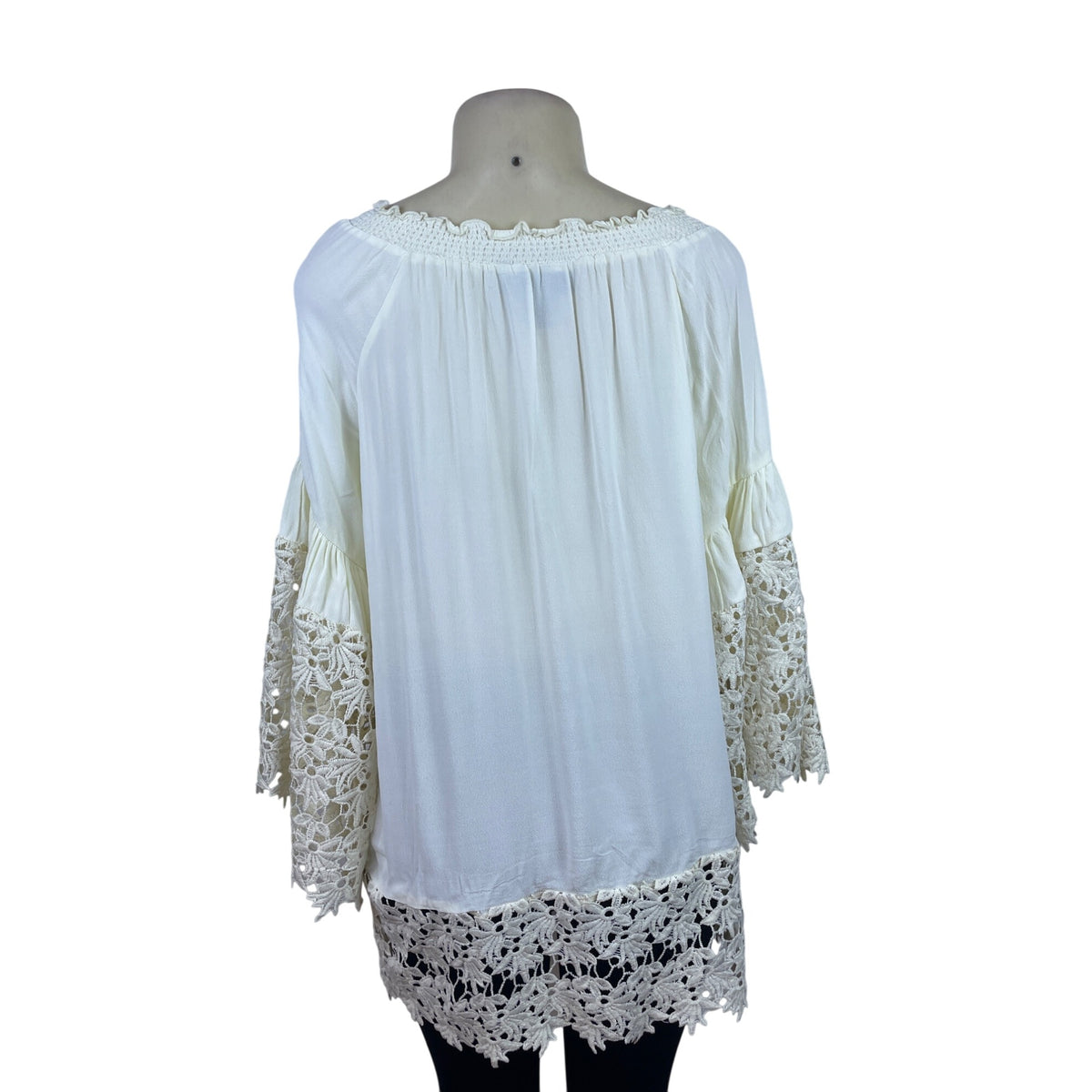 Colleen Lopez Women's Ivory Rayon Tunic Crochet Bell Sleeve Boho Style Sz M