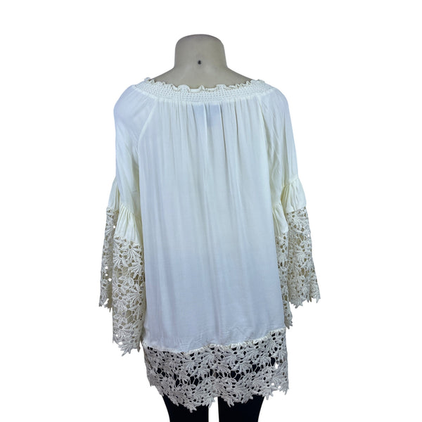 Colleen Lopez Women's Ivory Rayon Tunic Crochet Bell Sleeve Boho Style Sz M