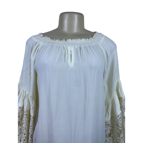 Colleen Lopez Women's Ivory Rayon Tunic Crochet Bell Sleeve Boho Style Sz M