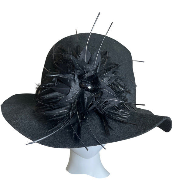 Nordstrom Black Wool With Feather & Sequin Detail Womens Cloche Hat