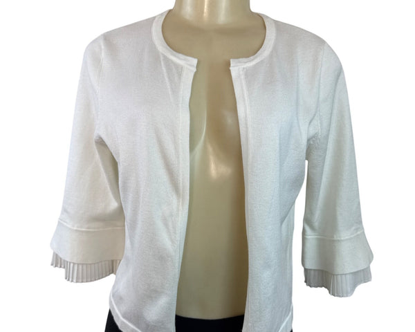 DKNY Women's Open Front Cardigan With Pleated Cuffs White 3/4 Sleeve